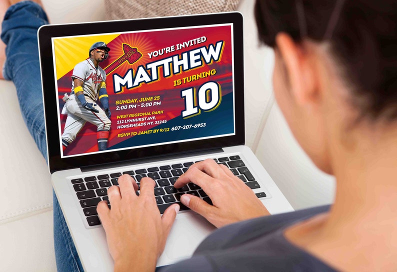 May include: A baseball-themed birthday invitation for Matthew's 10th birthday party. The invitation features a baseball player in a red and blue uniform, a baseball bat, and the text "YOU'RE INVITED MATTHEW IS TURNING 10". The invitation also includes the date, time, location, and RSVP information.
