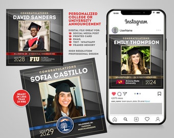 Aangepaste universiteitsaankondiging, gepersonaliseerde universitaire acceptatiewenskaart, digitale download, aankondiging afstuderen college, afstudeerkaart