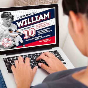 May include: A digital invitation for a 10th birthday party with a baseball theme. The invitation features a photo of a baseball player wearing a New York Yankees uniform. The text on the invitation reads "You're Invited William is turning 10".