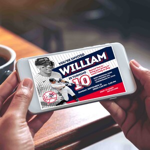 May include: A digital invitation for a baseball-themed birthday party for William turning 10. The invitation features a photo of a baseball player in a New York Yankees uniform. The invitation includes the date, time, and location of the party.