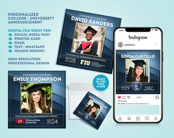 Aangepaste universiteitsaankondiging, gepersonaliseerde universitaire acceptatiewenskaart, digitale download, aankondiging afstuderen college, afstudeerkaart