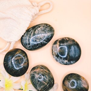 Könnte beinhalten: Fünf glatte, schwarze und graue Edelstein-Handsteine. Die Steine haben ein einzigartiges, wirbelndes Muster und sind auf einem hellpfirsichfarbenen Hintergrund angeordnet.