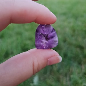 Può includere: Un cristallo di ametista viola con una forma naturale irregolare. Il cristallo è traslucido e ha una tonalità viola chiaro.
