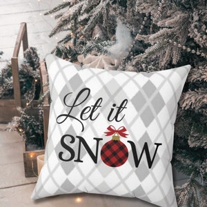 Christmas Let it Snow Faux Suede Square Pillow. Red Plaid, Christmas Decor, Holiday Decorations, Grey Plaid.