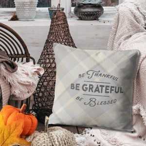 Plaid Thankful Faux Suede Pillow: Fall Home Decor, Cover with Insert