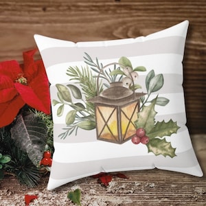 Flower Lantern Faux Suede Square Pillow. Farmhouse Christmas Decor, Holiday Decorations, Accent Pillow.