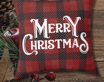 Red Plaid Merry Christmas Pillow: Farmhouse Holiday Decor, Cover with Pillow Insert
