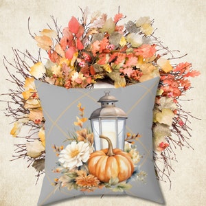 Grey Fall Lantern Faux Suede Square Pillow. Fall, Autumn, Home Decor. Fall Accent Pillow