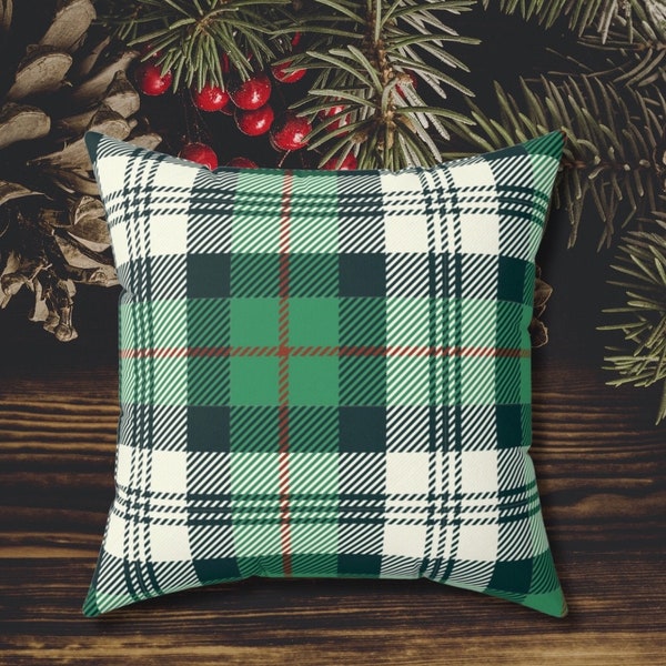 Green White Red Plaid Faux Suede Square Pillow. Farmhouse Christmas Decor, Holiday Decorations, Plaid Throw Pillow.
