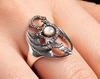 Gothic style  Snake Ring With Nacre , Snake Jewelry , Serpent Ring /Unique Solid Silver  Snake Ring