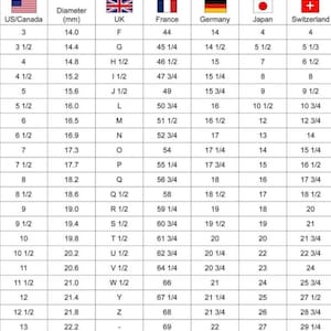 May include: Ring size conversion chart with measurements in millimeters, and corresponding sizes for US/Canada, UK, France, Germany, Japan, and Switzerland. Includes sizes from 3 to 13.