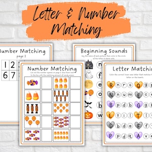 May include: A printable Halloween-themed educational activity sheet for kids. The sheet features number matching, letter matching, and beginning sounds activities. The activities include images of candy corn, lollipops, ghosts, bats, and pumpkins.