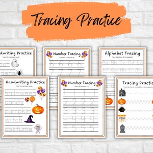 May include: A set of six printable Halloween-themed tracing worksheets for kids. The worksheets include tracing letters, numbers, and words like "ghost", "spider's", "halloween", and "candy".