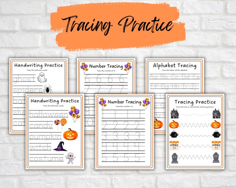 May include: A set of six printable Halloween-themed tracing worksheets for kids. The worksheets include tracing letters, numbers, and words like "ghost", "spider's", "halloween", and "candy".