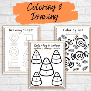 May include: A printable worksheet set for kids featuring three coloring activities: drawing shapes, color by number, and color by size. The color by number activity features candy corn with numbers 1, 2, and 3 to color in yellow, orange, and white. The color by size activity features candy with instructions to color the small candies purple and the big candies orange.