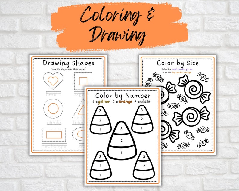 May include: A printable worksheet set for kids featuring three coloring activities: drawing shapes, color by number, and color by size. The color by number activity features candy corn with numbers 1, 2, and 3 to color in yellow, orange, and white. The color by size activity features candy with instructions to color the small candies purple and the big candies orange.