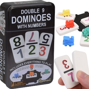Mexican Train Dominoes Set with Numbers, New 2023 - Double Nine Domino, Dominoes Set for Adults, 55 Number Tiles with Hub in Steel Box