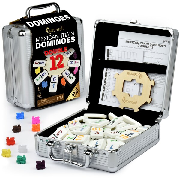 Mexican Train Dominoes Set with Numbers, Double 12 Dominos Set, Board Games for Adults and Family - Set 91 Domino Tiles with Aluminum Case