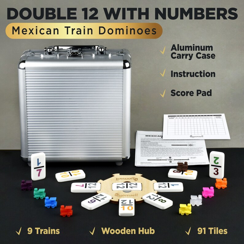 Mexican Train Dominoes Set With Numbers, Double 12 Dominos Set, Board