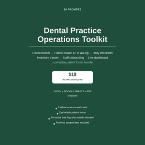 Könnte beinhalten: Ein dunkelgrünes digitales Dokument mit dem Titel Dental Practice Operations Toolkit. Es listet Funktionen auf, darunter einen Rückruf-Tracker, Patientenaufnahme, HIPAA-Protokoll, tägliche Checklisten, Bestandsverfolgung, Personal-Onboarding und Formulare.