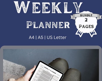 May include: A digital weekly planner on a tablet computer. The planner is open to a page with a weekly calendar layout. The text "WEEKLY PLANNER" is at the top of the page. The tablet is being held by a person sitting in a chair.