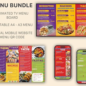 Paquete de menú mexicano Menú de restaurante imprimible A4 A3 + Tablero de menú de TV digital + Menú móvil digital con código QR Menú para llevar