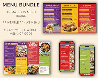 Mexican Menu Bundle Printable A4 A3 Restaurant Menu + Digital TV Menu Board + Digital Mobile Menu using QR Code Take Out Menu