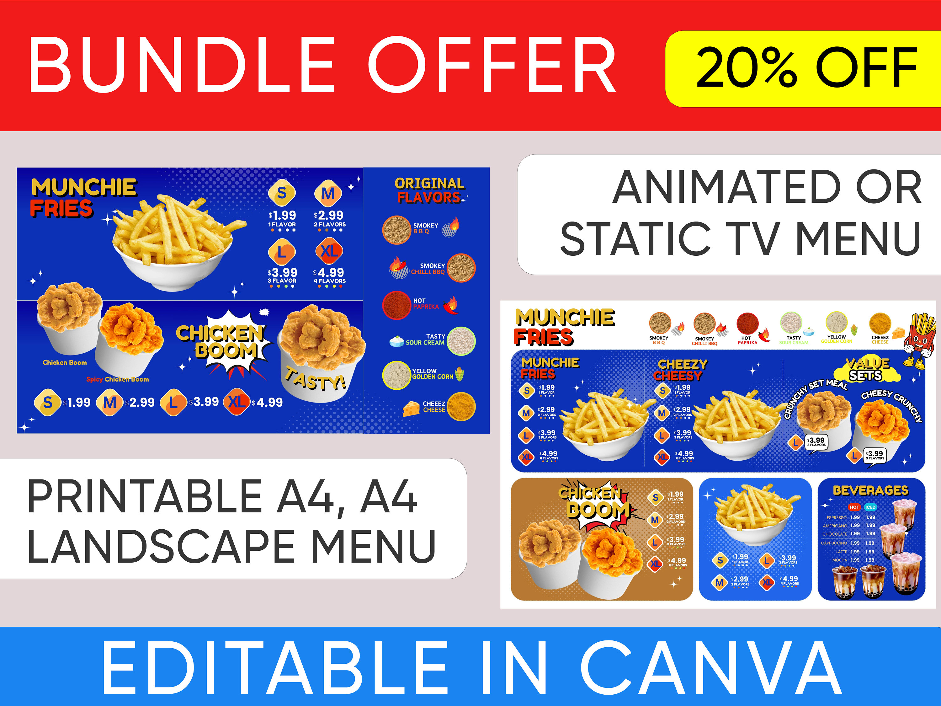 レストランキオスクメニューバンドル印刷可能なA4  A3レストランメニュー+デジタルテレビメニューボード+QRコードを使用したデジタルモバイルメニューテイクアウトメニュー - Etsy 日本