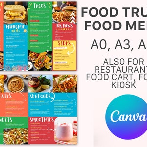 Canva 用の編集可能なフードトラック メニュー テンプレート。鮮やかでおいしいフードトラック、キオスク、フードカート、レストラン向け A3 A4 A0 横長