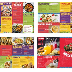 Meksykańskie edytowalne menu żywności Szablon dla Canva, żywe i pyszne dla food trucków, kiosków, wózków z jedzeniem, restauracji A3 A0 A4 Poziomo