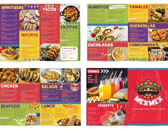 Editable Mexican Food Menu Template for Canva, Vibrant and Delicious for Food Truck, Kiosk, Food Cart, Restaurant A3 A0 A4 Landscape