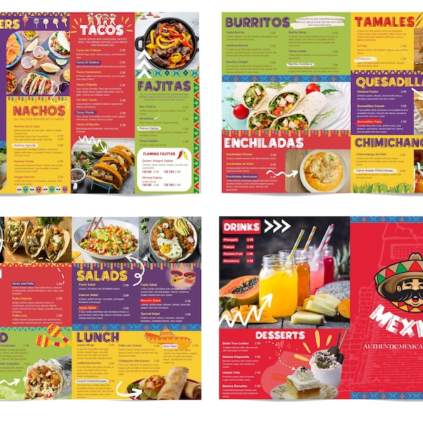 Editable Mexican Food Menu Template for Canva, Vibrant and Delicious for Food Truck, Kiosk, Food Cart, Restaurant A3 A0 A4 Landscape