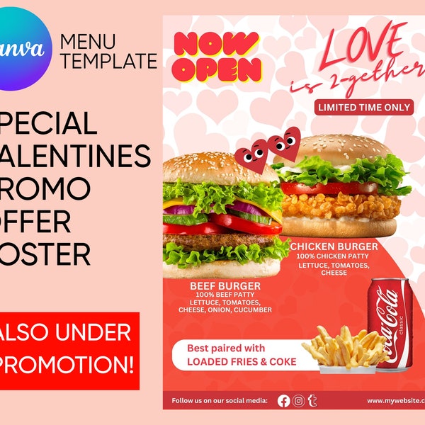 Valentines Day Promotional Menu Burger Restaurant Editable Customizable Canva Template for Food Truck Food Kiosk A4, A3, A0 Portrait Paper