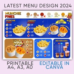 Canva 用の編集可能なチキンとフライドポテトのフードメニュー テンプレート。鮮やかでおいしいフードトラック、キオスク、フードカート、レストラン向け A3 A4 横長