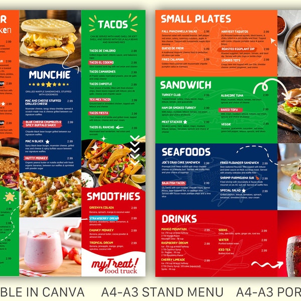 Editable Food Stand Tent Restaurant Menu Template for Canva, Vibrant and Delicious Truck, Kiosk, Food Cart, A3 A0 A4 Portrait