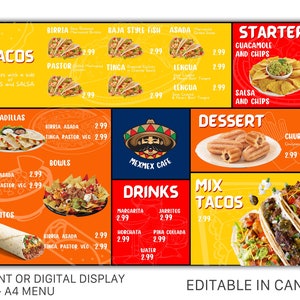 Bewerkbare menusjabloon Mexicaans eten voor canvas, levendig en heerlijk voor foodtruck, kiosk, voedselwagen, restaurant A3 A0 A4 liggend
