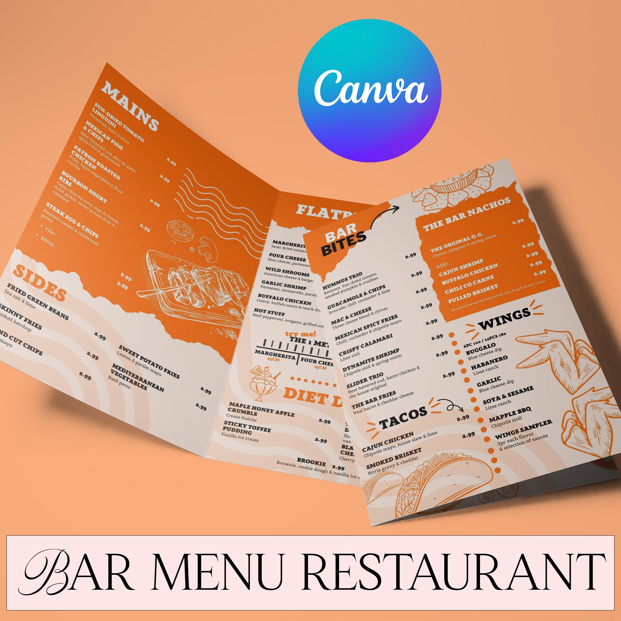 Restaurant Bar Food Menu, DIY Customizable Price List, Canva, Editable ...