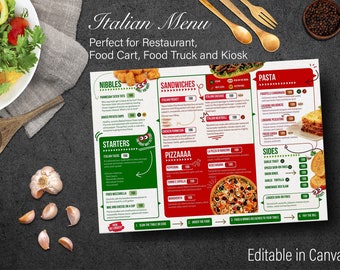Italian Food Menu Editable Canva For Restaurant Italy Pizza, Pasta and Desserts, Food Truck and Food Cart, A4 Landscape Paper, Burger