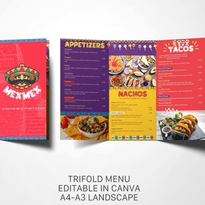 Canva 用の編集可能なメキシコ料理三つ折りメニュー テンプレート、鮮やかでおいしいフード トラック、キオスク、フード カート、レストラン A3 A0 A4 横長