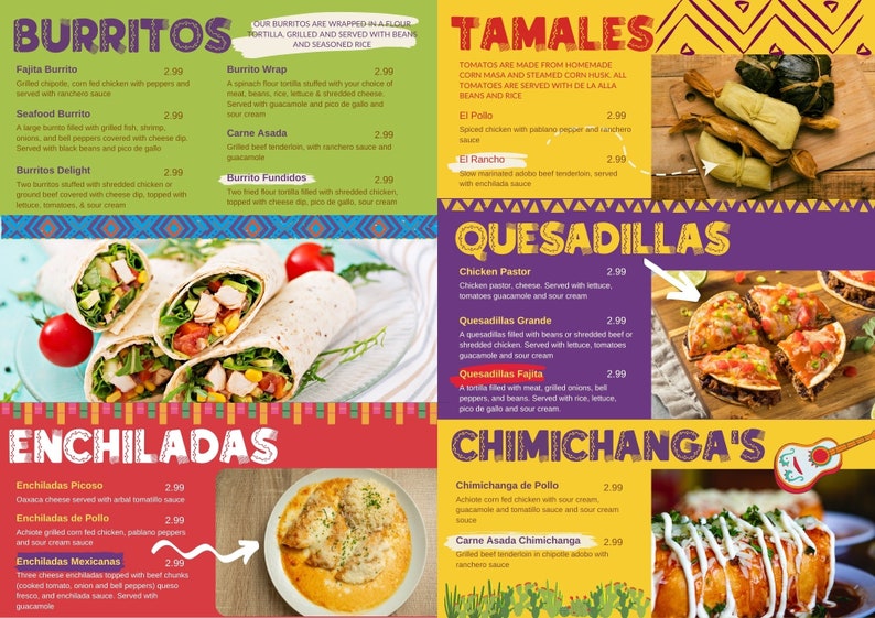 Editable Mexican Food Menu Template for Canva, Vibrant and Delicious for Food Truck, Kiosk, Food