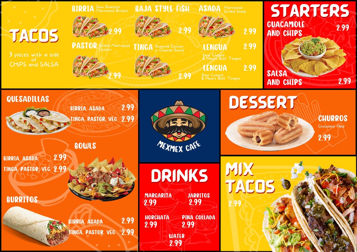Editable Mexican Food Menu Template for Canva, Vibrant and Delicious ...