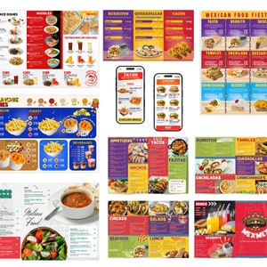 Puede incluir: Un menú colorido con una variedad de opciones de comida, que incluyen platos de arroz, fideos, burritos, quesadillas, tacos y fiesta de comida mexicana. El menú presenta imágenes de comida y precios.