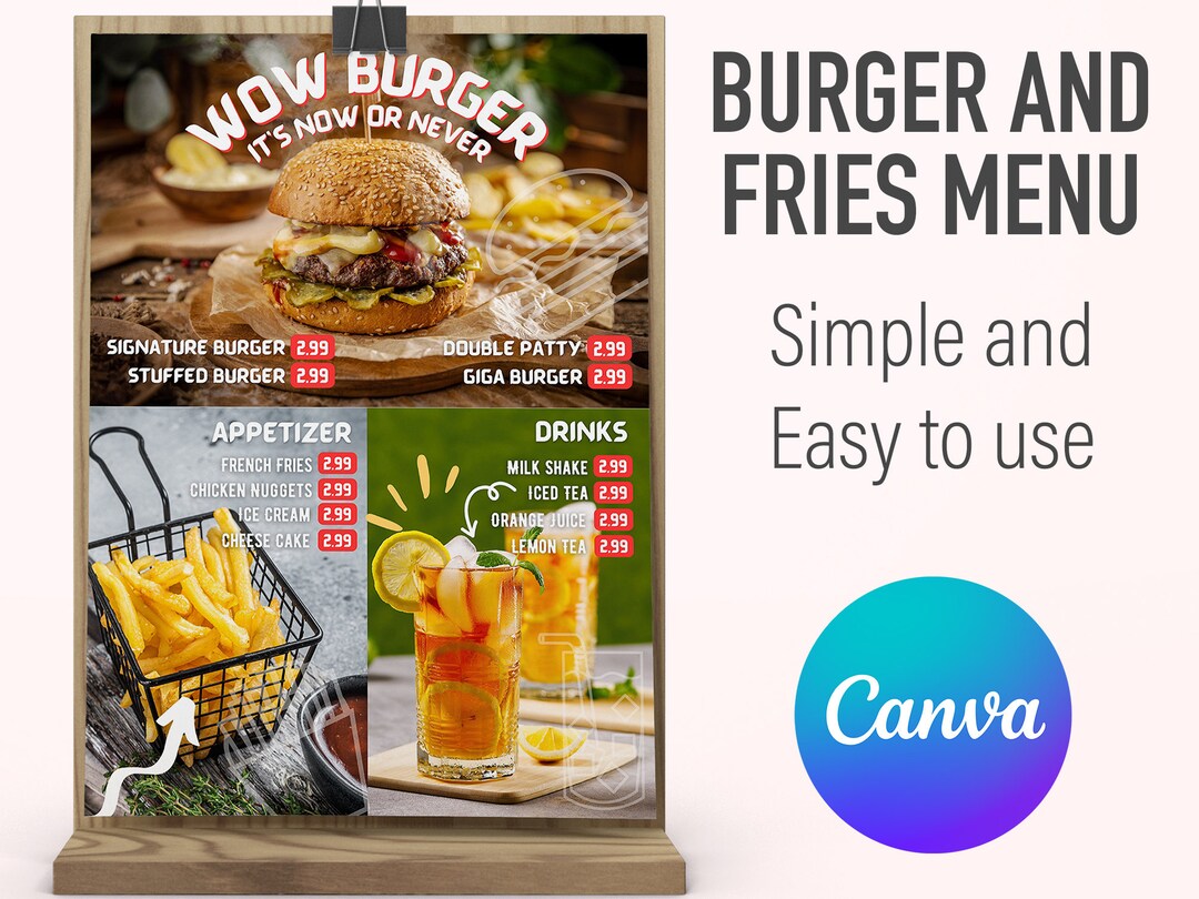 Restaurant Menu Editable Simple A4 Stand, Canva Template, Burger Menu