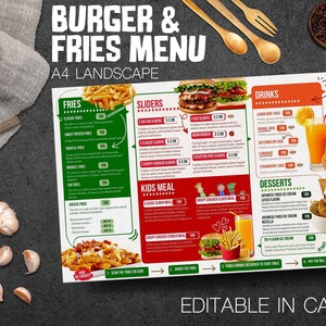 ハンバーガーとフライドポテトのフードメニュー編集可能なCanvaレストランのデザート、フードトラックとフードカート、A4横長用紙、ジュースとドリンク