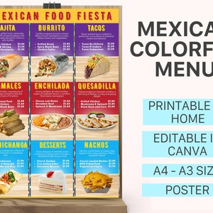 Canva 用の編集可能なメキシコ料理メニュー テンプレート。鮮やかでおいしい、フード トラック、キオスク、フード カート、レストラン向けの A3、A0、A4 ポートレート ポスター