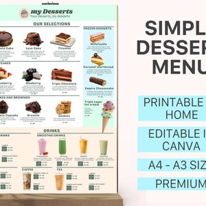 Modelo de menu de sobremesas Canva, The Dessert Sign, A4, A5, A3, A0 Menu para impressão em retrato, Menu de bebidas, Menu de bolos, Menu de cupcakes para impressão