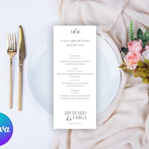 Hochzeitsmenü-Vorlage, bearbeitbar in Canva, Hochzeitstischmenü druckbar, vollständig bearbeitbar, sofortiger Download, Monogramm und Rahmen