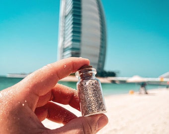 Dubai Beach Sand sample from the Jumeirah Beach next to the Burj Al Arab the only 7-star hotel in the world - beige sand - 22x40mm