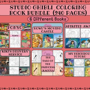 May include: A Studio Ghibli coloring book bundle featuring six different books, including "Ponyo," "Howl's Moving Castle," and "Spirited Away." The bundle includes 240 pages of coloring fun, with a pink background and Japanese text.