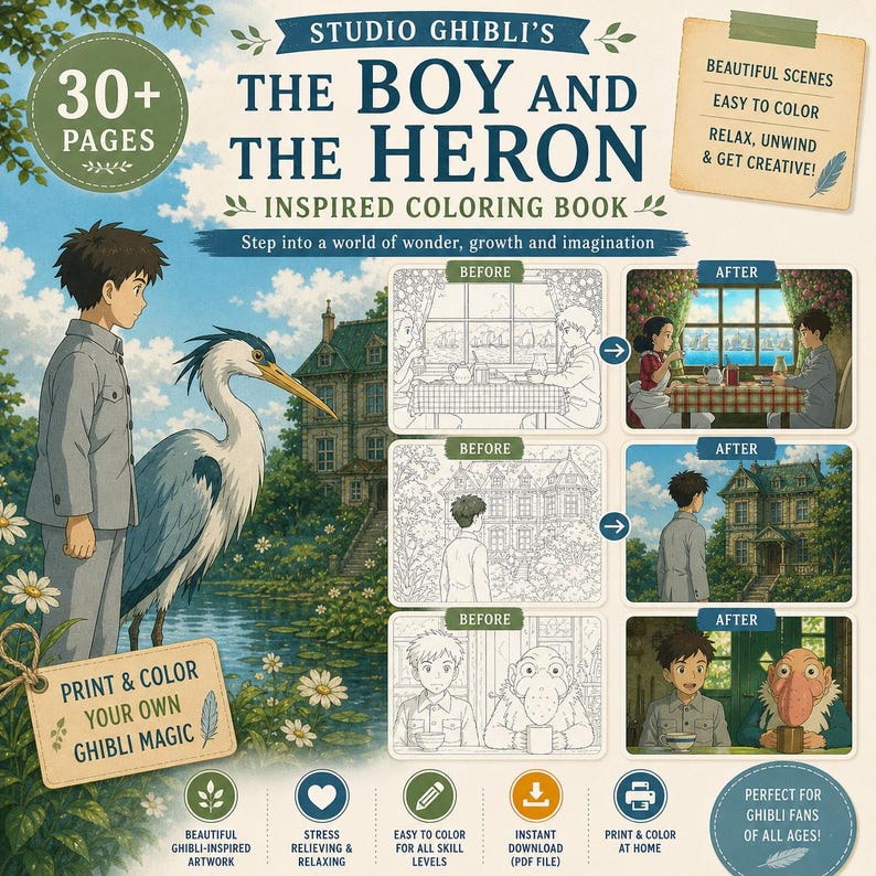 May include: A coloring book titled "Studio Ghibli's The Boy and the Heron." The cover features a boy, a heron, and a detailed illustration of a house. The book includes 30+ pages, with before and after coloring examples, and the text "Print & Color Your Own Ghibli Magic."